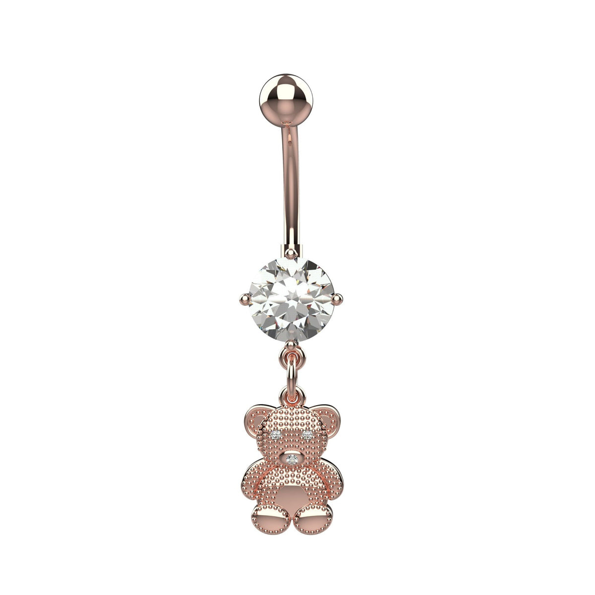 Large round clear CZ crystal on 14G teddy bear navel ring bar