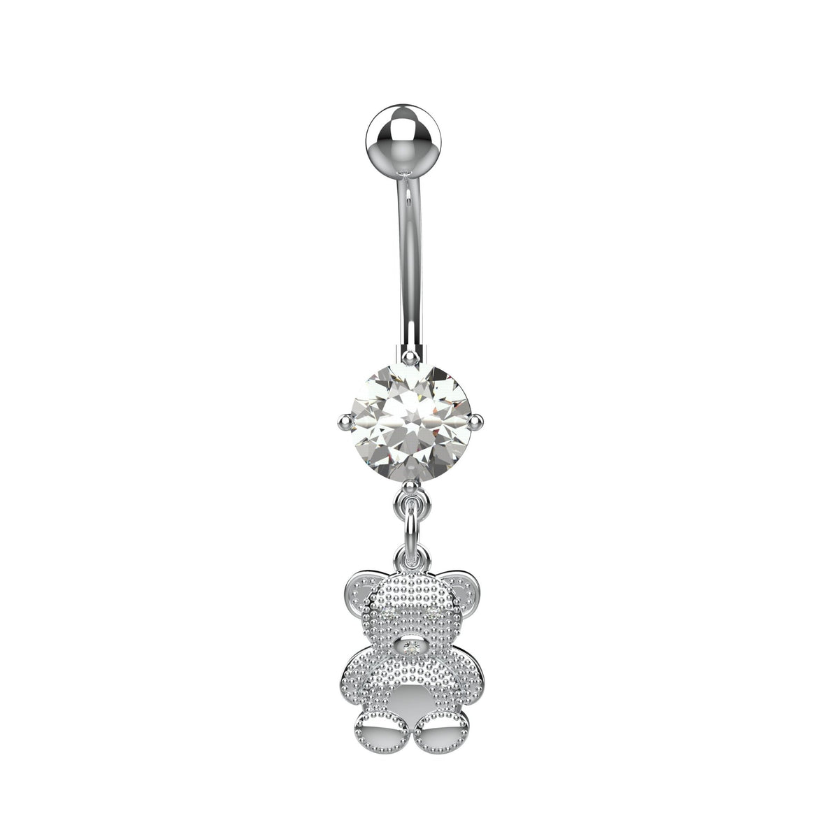 Close detail of clear CZ nose on textured metal teddy bear charm