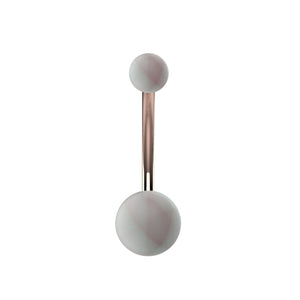 Gold tone curved bar connecting two matte white decorative balls